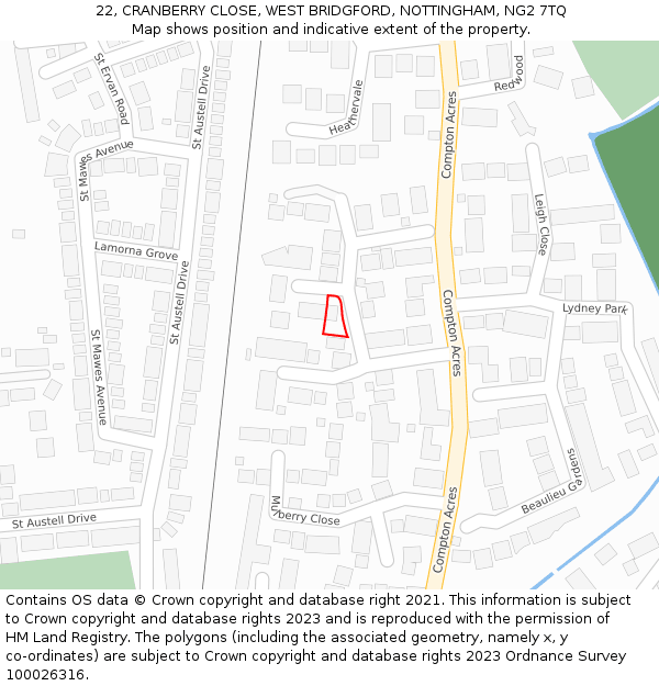 22, CRANBERRY CLOSE, WEST BRIDGFORD, NOTTINGHAM, NG2 7TQ: Location map and indicative extent of plot