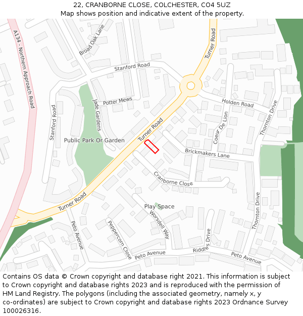 22, CRANBORNE CLOSE, COLCHESTER, CO4 5UZ: Location map and indicative extent of plot