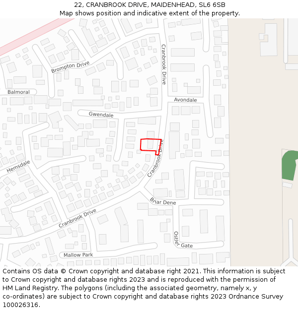 22, CRANBROOK DRIVE, MAIDENHEAD, SL6 6SB: Location map and indicative extent of plot