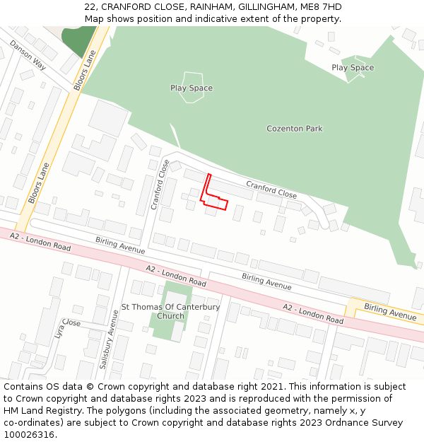 22, CRANFORD CLOSE, RAINHAM, GILLINGHAM, ME8 7HD: Location map and indicative extent of plot