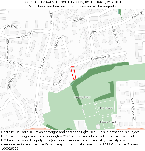 22, CRAWLEY AVENUE, SOUTH KIRKBY, PONTEFRACT, WF9 3BN: Location map and indicative extent of plot