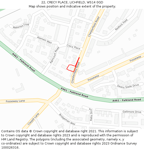 22, CRECY PLACE, LICHFIELD, WS14 0GD: Location map and indicative extent of plot