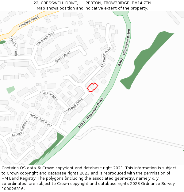 22, CRESSWELL DRIVE, HILPERTON, TROWBRIDGE, BA14 7TN: Location map and indicative extent of plot