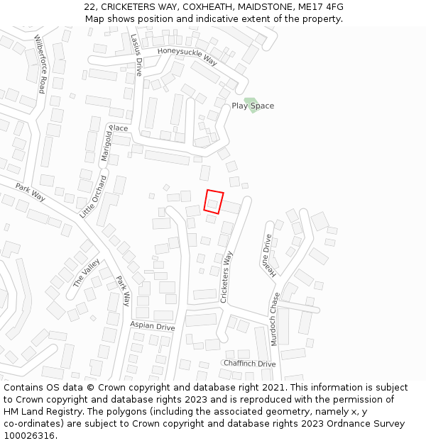 22, CRICKETERS WAY, COXHEATH, MAIDSTONE, ME17 4FG: Location map and indicative extent of plot