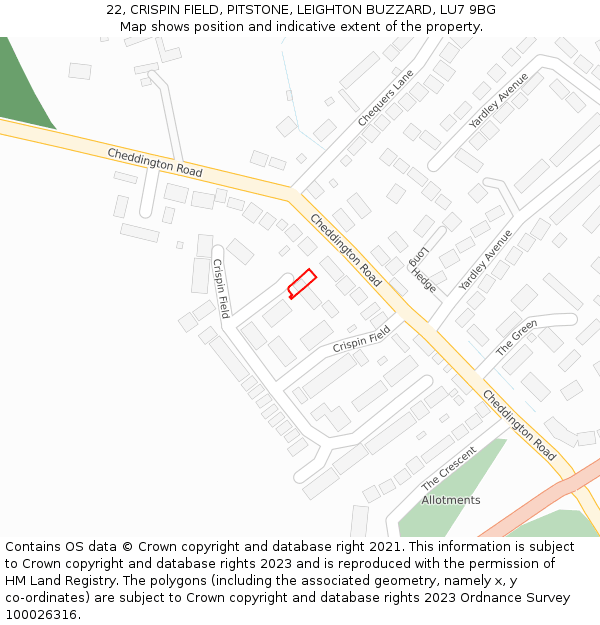 22, CRISPIN FIELD, PITSTONE, LEIGHTON BUZZARD, LU7 9BG: Location map and indicative extent of plot