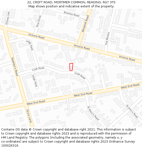 22, CROFT ROAD, MORTIMER COMMON, READING, RG7 3TS: Location map and indicative extent of plot