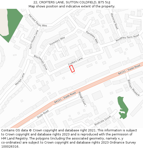 22, CROFTERS LANE, SUTTON COLDFIELD, B75 5UJ: Location map and indicative extent of plot