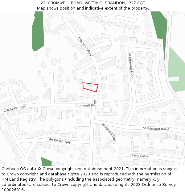 22, CROMWELL ROAD, WEETING, BRANDON, IP27 0QT: Location map and indicative extent of plot