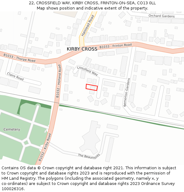 22, CROSSFIELD WAY, KIRBY CROSS, FRINTON-ON-SEA, CO13 0LL: Location map and indicative extent of plot