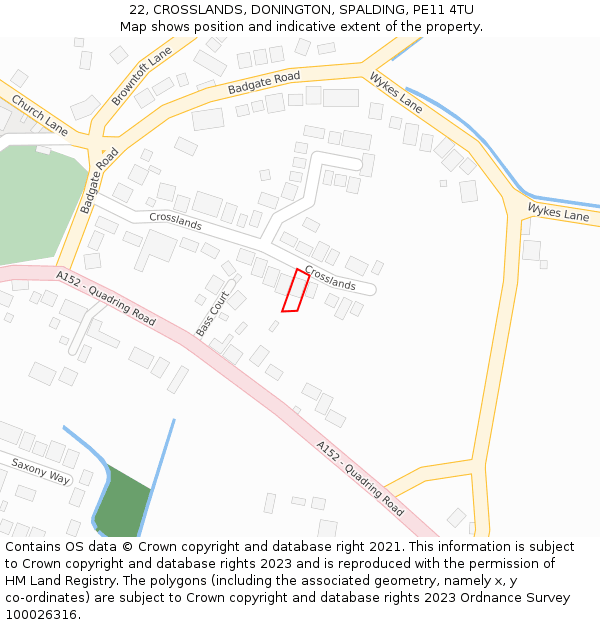 22, CROSSLANDS, DONINGTON, SPALDING, PE11 4TU: Location map and indicative extent of plot