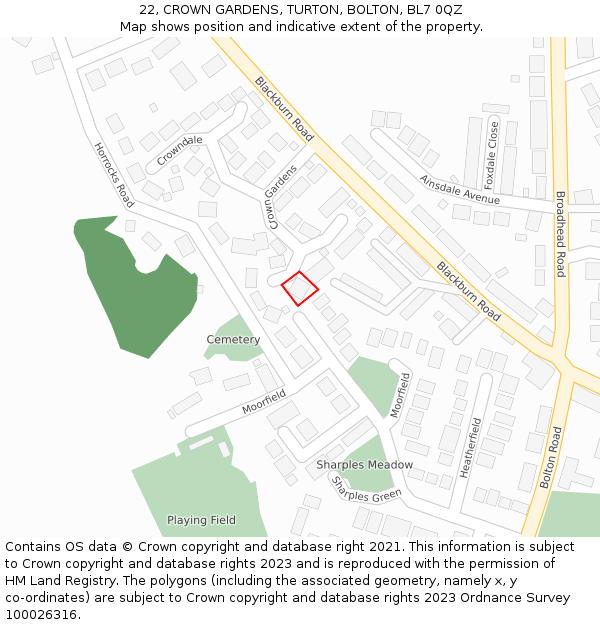 22, CROWN GARDENS, TURTON, BOLTON, BL7 0QZ: Location map and indicative extent of plot