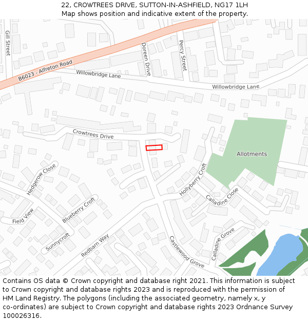 22, CROWTREES DRIVE, SUTTON-IN-ASHFIELD, NG17 1LH: Location map and indicative extent of plot