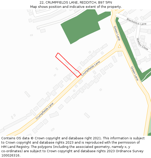 22, CRUMPFIELDS LANE, REDDITCH, B97 5PN: Location map and indicative extent of plot