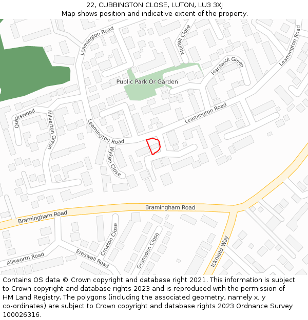 22, CUBBINGTON CLOSE, LUTON, LU3 3XJ: Location map and indicative extent of plot