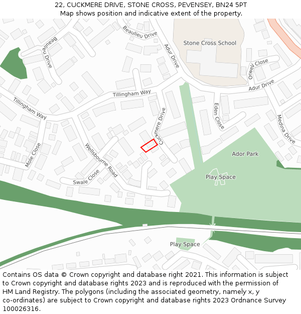 22, CUCKMERE DRIVE, STONE CROSS, PEVENSEY, BN24 5PT: Location map and indicative extent of plot