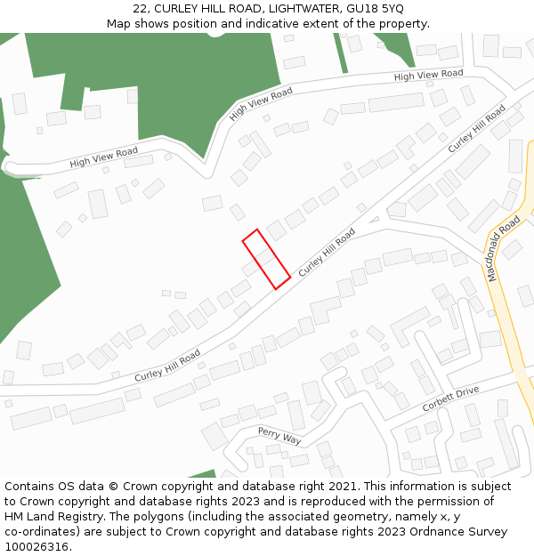 22, CURLEY HILL ROAD, LIGHTWATER, GU18 5YQ: Location map and indicative extent of plot