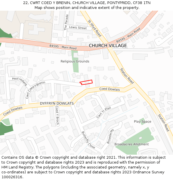 22, CWRT COED Y BRENIN, CHURCH VILLAGE, PONTYPRIDD, CF38 1TN: Location map and indicative extent of plot