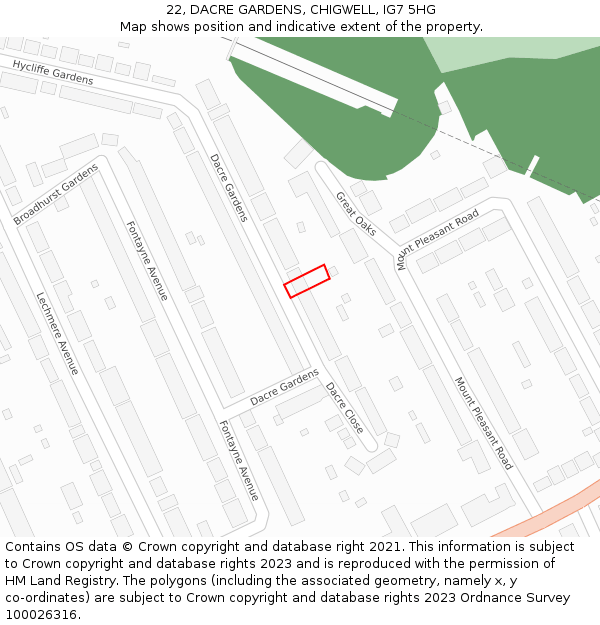 22, DACRE GARDENS, CHIGWELL, IG7 5HG: Location map and indicative extent of plot