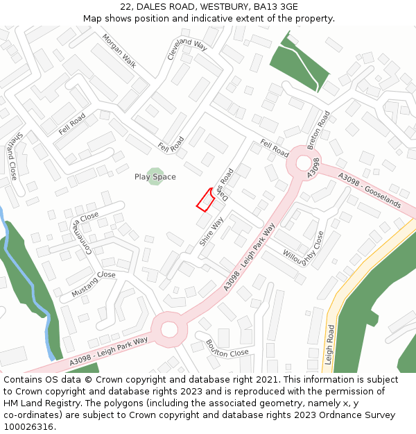 22, DALES ROAD, WESTBURY, BA13 3GE: Location map and indicative extent of plot