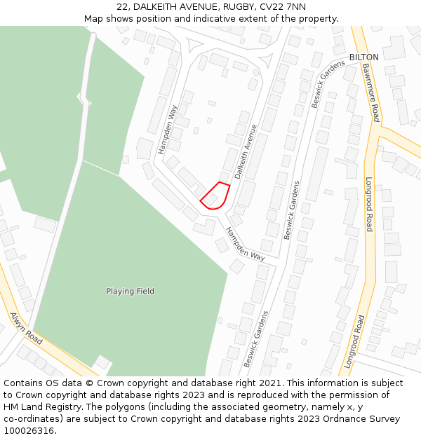 22, DALKEITH AVENUE, RUGBY, CV22 7NN: Location map and indicative extent of plot