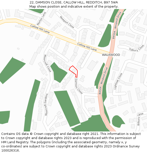 22, DAMSON CLOSE, CALLOW HILL, REDDITCH, B97 5WA: Location map and indicative extent of plot