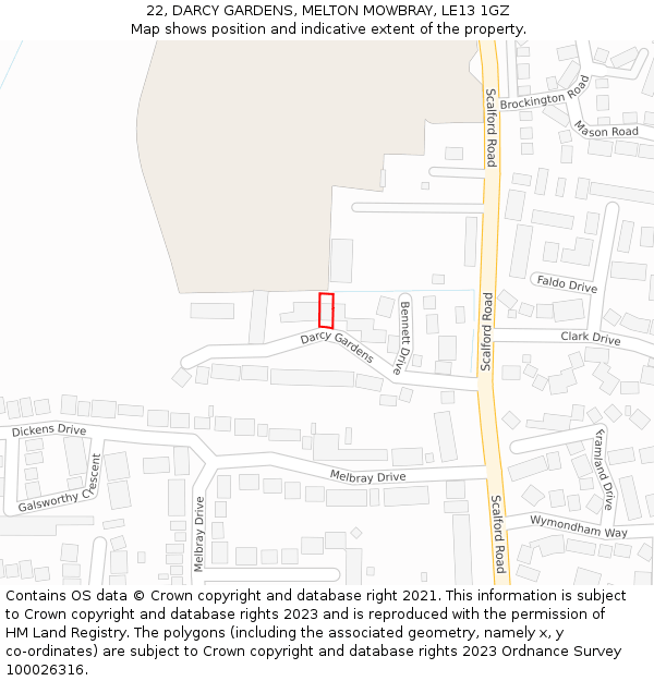 22, DARCY GARDENS, MELTON MOWBRAY, LE13 1GZ: Location map and indicative extent of plot