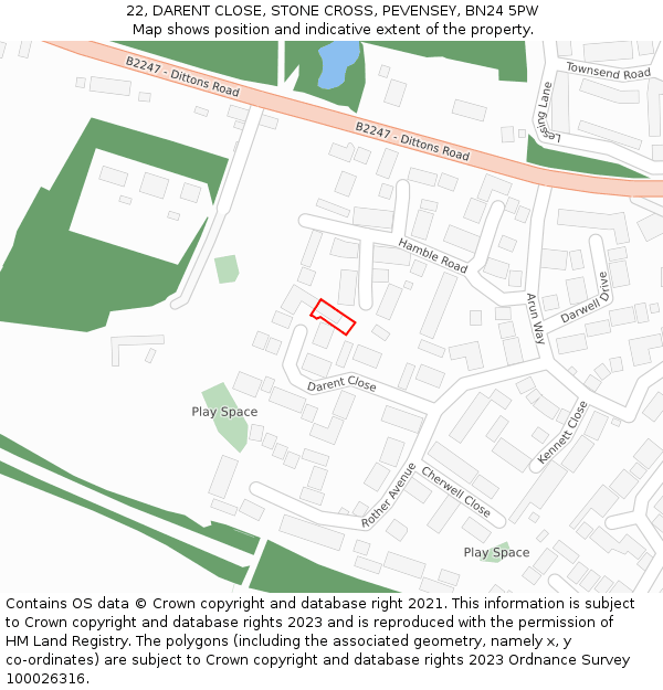 22, DARENT CLOSE, STONE CROSS, PEVENSEY, BN24 5PW: Location map and indicative extent of plot