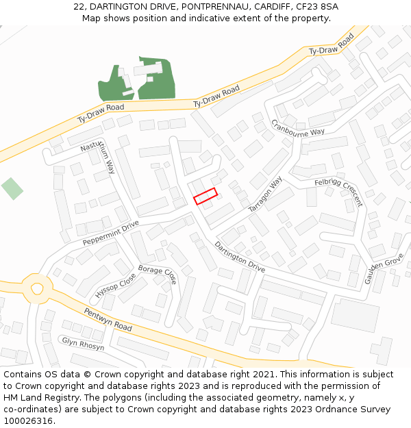 22, DARTINGTON DRIVE, PONTPRENNAU, CARDIFF, CF23 8SA: Location map and indicative extent of plot