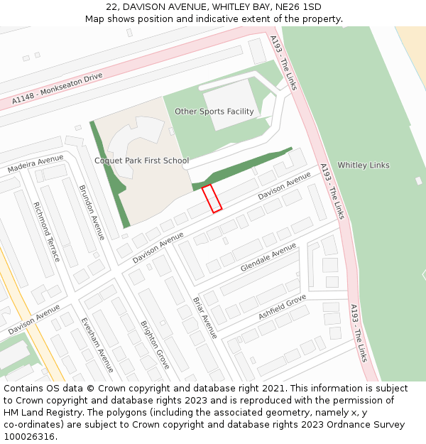 22, DAVISON AVENUE, WHITLEY BAY, NE26 1SD: Location map and indicative extent of plot
