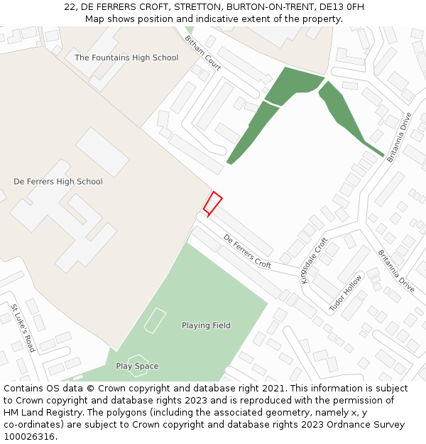 22, DE FERRERS CROFT, STRETTON, BURTON-ON-TRENT, DE13 0FH: Location map and indicative extent of plot