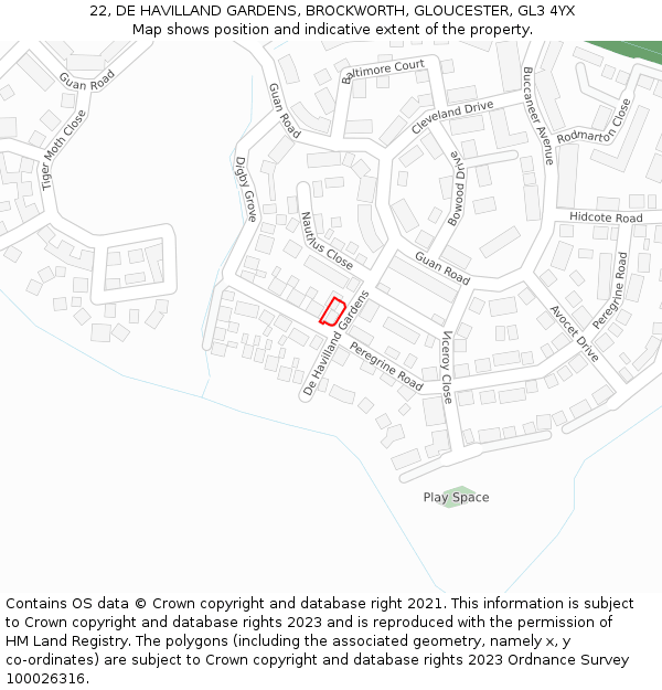 22, DE HAVILLAND GARDENS, BROCKWORTH, GLOUCESTER, GL3 4YX: Location map and indicative extent of plot