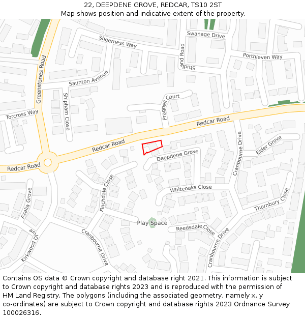 22, DEEPDENE GROVE, REDCAR, TS10 2ST: Location map and indicative extent of plot