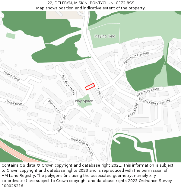 22, DELFRYN, MISKIN, PONTYCLUN, CF72 8SS: Location map and indicative extent of plot