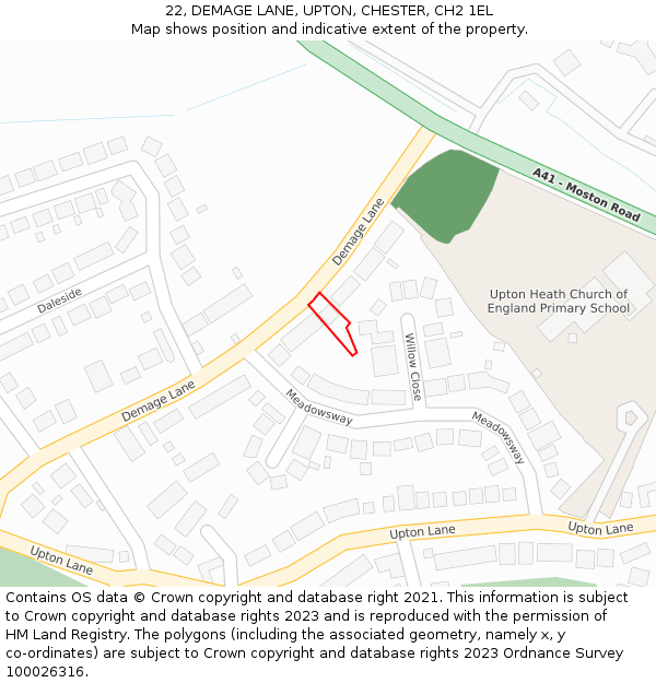 22, DEMAGE LANE, UPTON, CHESTER, CH2 1EL: Location map and indicative extent of plot