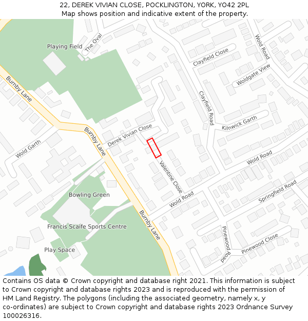 22, DEREK VIVIAN CLOSE, POCKLINGTON, YORK, YO42 2PL: Location map and indicative extent of plot