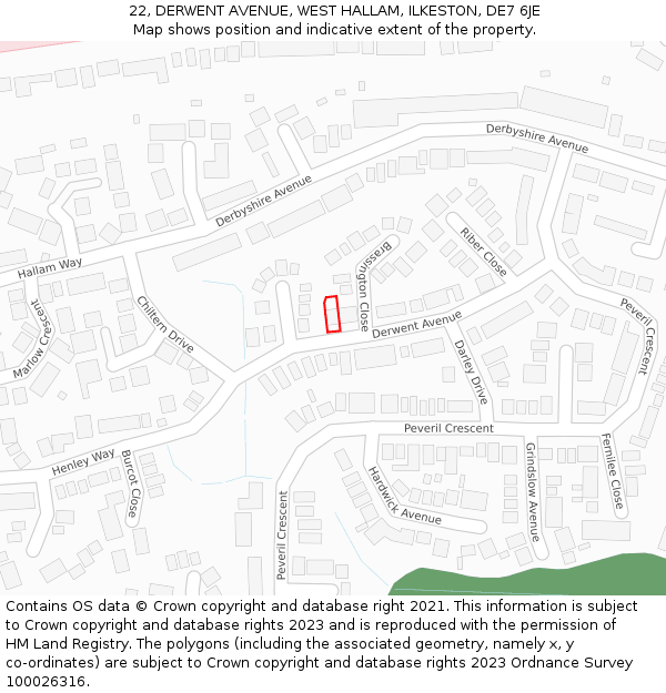 22, DERWENT AVENUE, WEST HALLAM, ILKESTON, DE7 6JE: Location map and indicative extent of plot