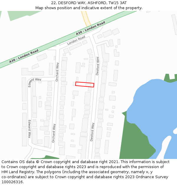 22, DESFORD WAY, ASHFORD, TW15 3AT: Location map and indicative extent of plot