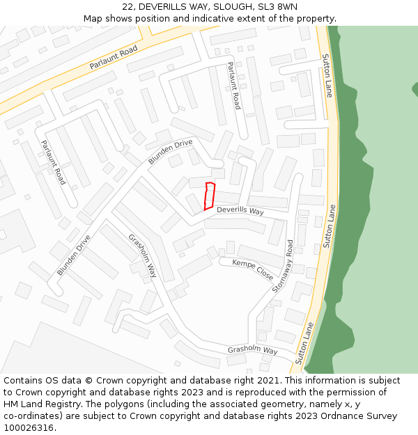 22, DEVERILLS WAY, SLOUGH, SL3 8WN: Location map and indicative extent of plot