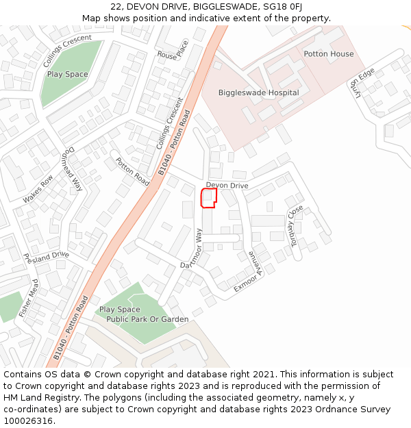 22, DEVON DRIVE, BIGGLESWADE, SG18 0FJ: Location map and indicative extent of plot