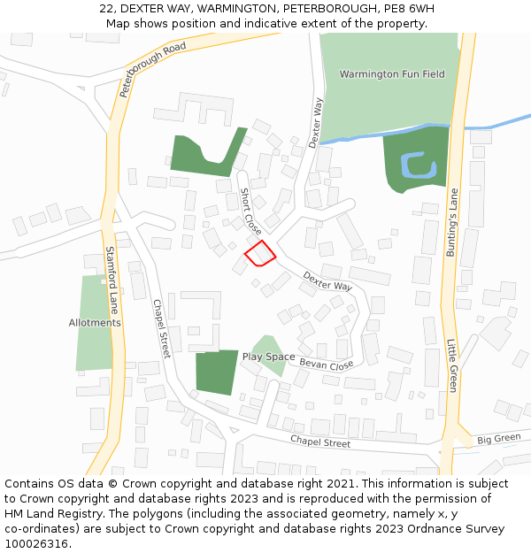 22, DEXTER WAY, WARMINGTON, PETERBOROUGH, PE8 6WH: Location map and indicative extent of plot