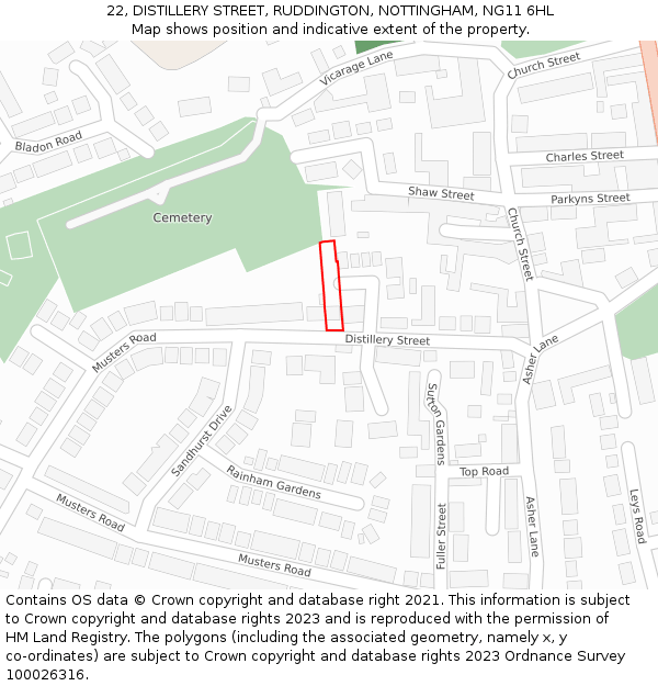 22, DISTILLERY STREET, RUDDINGTON, NOTTINGHAM, NG11 6HL: Location map and indicative extent of plot