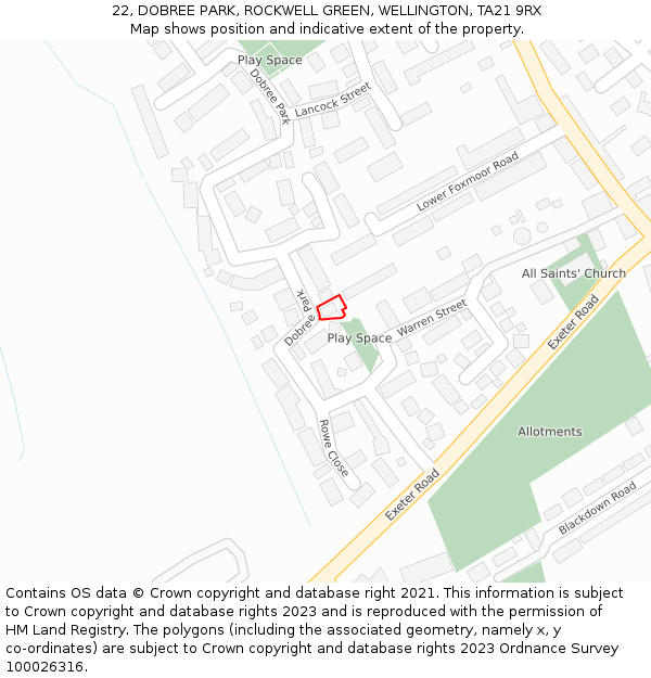 22, DOBREE PARK, ROCKWELL GREEN, WELLINGTON, TA21 9RX: Location map and indicative extent of plot