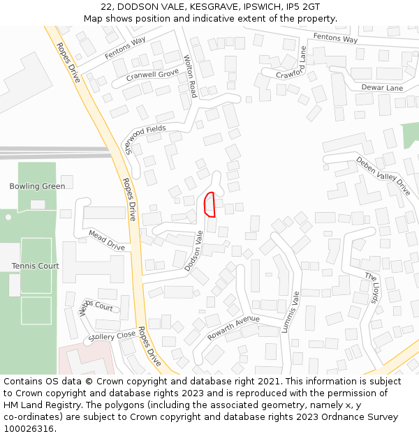 22, DODSON VALE, KESGRAVE, IPSWICH, IP5 2GT: Location map and indicative extent of plot