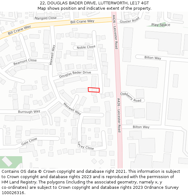 22, DOUGLAS BADER DRIVE, LUTTERWORTH, LE17 4GT: Location map and indicative extent of plot