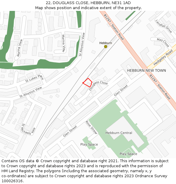 22, DOUGLASS CLOSE, HEBBURN, NE31 1AD: Location map and indicative extent of plot