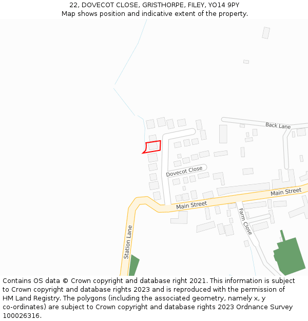 22, DOVECOT CLOSE, GRISTHORPE, FILEY, YO14 9PY: Location map and indicative extent of plot