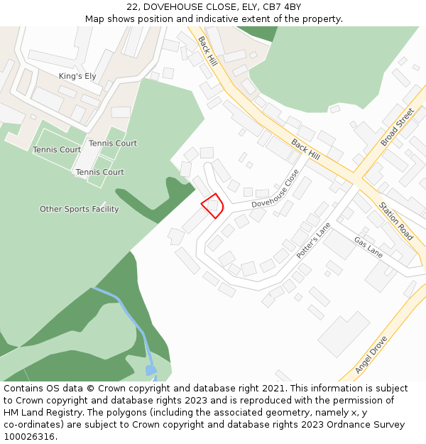 22, DOVEHOUSE CLOSE, ELY, CB7 4BY: Location map and indicative extent of plot