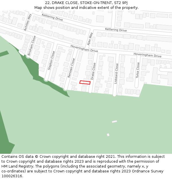 22, DRAKE CLOSE, STOKE-ON-TRENT, ST2 9PJ: Location map and indicative extent of plot