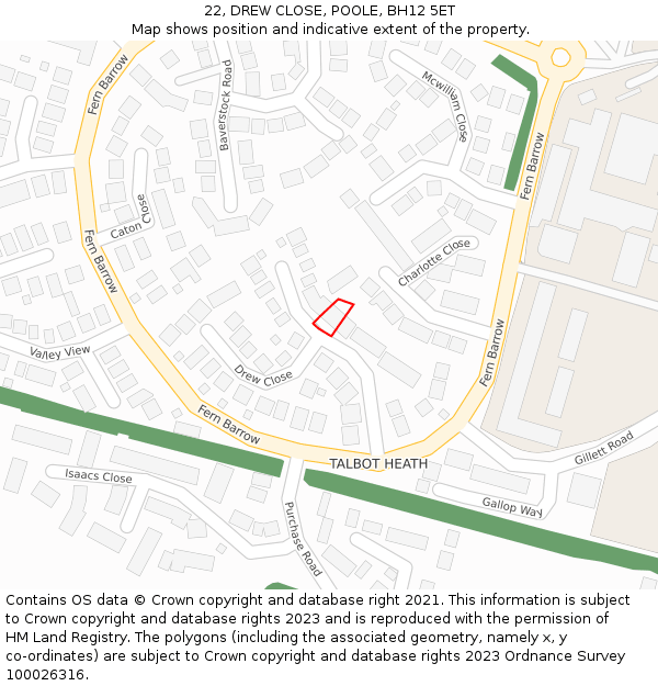 22, DREW CLOSE, POOLE, BH12 5ET: Location map and indicative extent of plot