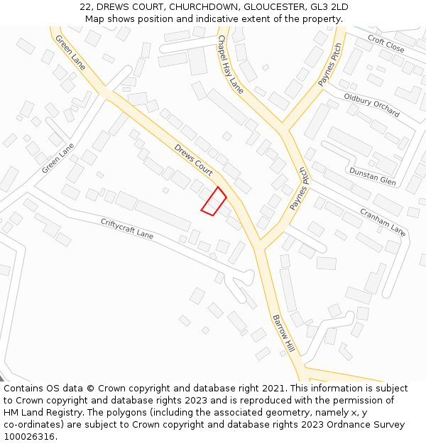 22, DREWS COURT, CHURCHDOWN, GLOUCESTER, GL3 2LD: Location map and indicative extent of plot